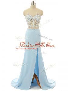 Light Blue Zipper Prom Dresses Beading Sleeveless Brush Train