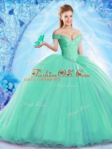 Sleeveless Brush Train Lace Up Beading Ball Gown Prom Dress