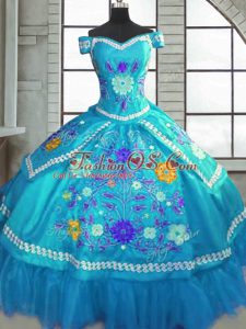 Teal Sweetheart Neckline Beading and Embroidery Quinceanera Dresses Short Sleeves Lace Up