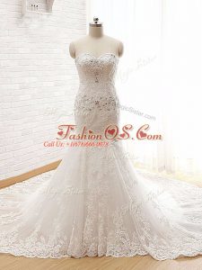 Luxurious Sweetheart Sleeveless Lace Wedding Gowns Beading and Lace and Appliques Court Train Lace Up
