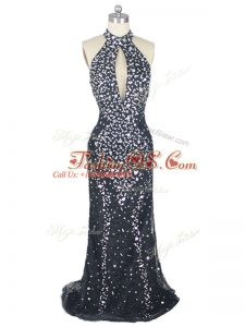 Fashion Black Halter Top Zipper Beading Prom Party Dress Brush Train Sleeveless