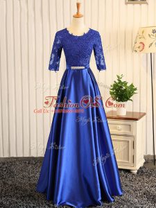 Elastic Woven Satin Half Sleeves Floor Length Prom Dress and Embroidery and Belt