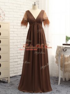 Gorgeous Brown Empire V-neck Sleeveless Chiffon Floor Length Zipper Beading and Ruching Mother Of The Bride Dress