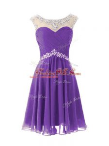 Most Popular Beading Prom Dresses Eggplant Purple Zipper Cap Sleeves Knee Length