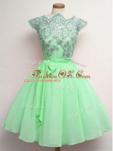 Apple Green A-line Chiffon Scalloped Cap Sleeves Lace and Belt Knee Length Lace Up Quinceanera Dama Dress