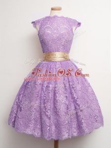 Stylish Lavender Lace Up High-neck Belt Wedding Party Dress Lace Cap Sleeves