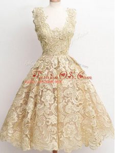 Comfortable A-line Dama Dress for Quinceanera Champagne Straps Lace Sleeveless Knee Length Zipper