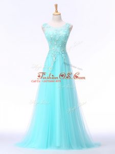 Aqua Blue Chiffon Backless Scoop Sleeveless Evening Dresses Brush Train Lace and Appliques