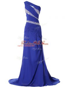 Custom Design Blue Sleeveless Beading and Ruching Lace Up Evening Wear