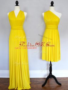 Exceptional Yellow Chiffon Lace Up Bridesmaid Gown Sleeveless Floor Length Ruching