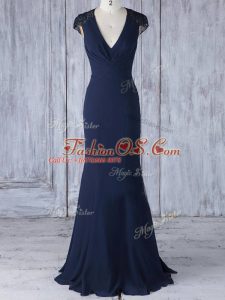 Trendy Navy Blue Cap Sleeves Floor Length Lace Side Zipper Bridesmaid Dress