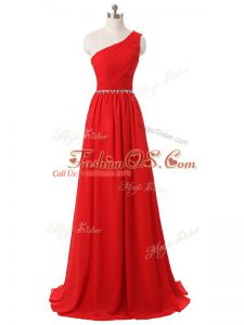 Sleeveless Chiffon Floor Length Side Zipper Dama Dress in Red with Beading and Ruching
