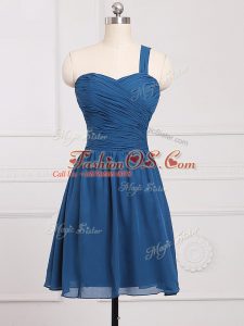 Blue Zipper Quinceanera Dama Dress Ruching Sleeveless Mini Length
