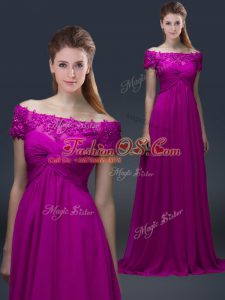 Fuchsia Off The Shoulder Lace Up Appliques Mother Of The Bride Dress Short Sleeves
