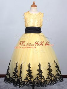 Yellow Tulle Lace Up Scoop Sleeveless Floor Length Kids Formal Wear Appliques