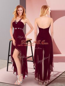 Burgundy Empire Chiffon Halter Top Sleeveless Beading High Low Zipper Prom Homecoming Dress