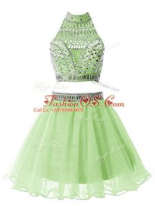Fantastic Organza High-neck Sleeveless Zipper Beading Wedding Guest Dresses in Yellow Green