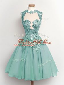 Light Blue A-line Lace Wedding Guest Dresses Lace Up Chiffon Sleeveless Knee Length