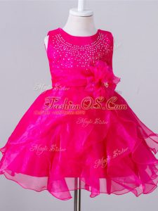 Hot Pink Organza Zipper Scoop Sleeveless Knee Length Little Girl Pageant Gowns Beading and Hand Made Flower