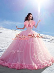 Extravagant Hand Made Flower Vestidos de Quinceanera Baby Pink Lace Up Sleeveless Brush Train