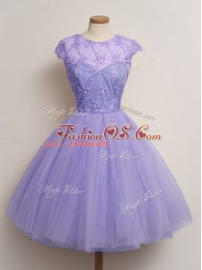Lavender Lace Up Scoop Lace Bridesmaids Dress Tulle Cap Sleeves