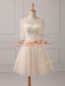 Champagne A-line Lace and Belt Bridesmaid Dress Lace Up Tulle Half Sleeves Mini Length