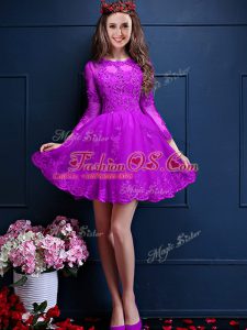 Dynamic Eggplant Purple Chiffon Lace Up Vestidos de Damas 3 4 Length Sleeve Mini Length Beading and Lace and Appliques