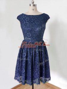 Vintage Royal Blue Scoop Lace Up Lace Damas Dress Cap Sleeves