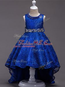 High Low Lace Up Little Girls Pageant Dress Wholesale Royal Blue for Wedding Party with Beading