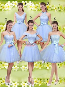 Lavender A-line Lace and Belt Wedding Guest Dresses Lace Up Tulle Sleeveless Knee Length