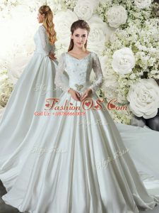 Gorgeous White A-line V-neck Long Sleeves Taffeta Chapel Train Lace Up Lace and Belt Wedding Gown