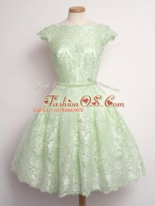Custom Made Knee Length Lace Up Quinceanera Court Dresses Yellow Green for Prom and Party and Wedding Party with Lace