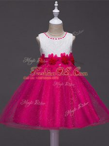 Custom Made Hot Pink Scoop Zipper Lace and Hand Made Flower Pageant Gowns For Girls Sleeveless