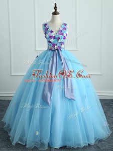 Latest V-neck Sleeveless Lace Up 15th Birthday Dress Light Blue Organza