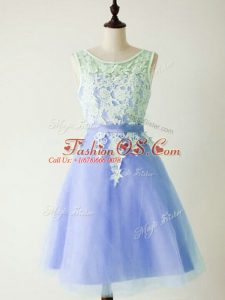Fine Knee Length Light Blue Wedding Party Dress Tulle Sleeveless Lace