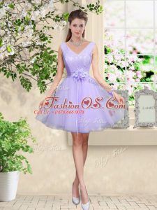 Wonderful Sleeveless Knee Length Lace and Belt Lace Up Damas Dress with Lilac