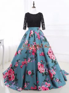 Multi-color Backless Scoop Lace and Appliques Evening Wear Printed Long Sleeves Brush Train