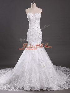 Luxurious White Mermaid Tulle Sweetheart Sleeveless Lace Lace Up Wedding Gown Court Train