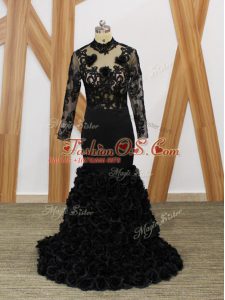 Black Fabric With Rolling Flowers Backless Mother Of The Bride Dress Long Sleeves Brush Train Beading and Lace and Appliques and Hand Made Flower