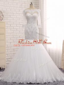 Custom Designed White Tulle Zipper Wedding Gown Sleeveless Floor Length Beading and Lace