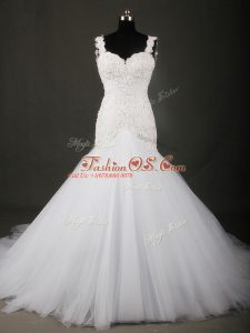 Straps Sleeveless Tulle Wedding Gowns Beading and Lace Court Train Backless