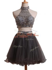 Beauteous Black Military Ball Dresses For Women Prom and Party and Sweet 16 with Beading Halter Top Sleeveless Criss Cross