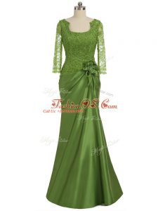 Olive Green Zipper Scoop Lace and Appliques and Hand Made Flower Mother Of The Bride Dress Elastic Woven Satin Long Sleeves