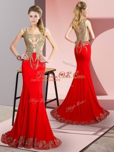 Ideal Red Elastic Woven Satin Side Zipper Runway Inspired Dress Sleeveless Brush Train Beading and Appliques