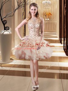 Beading Prom Evening Gown Peach Lace Up Sleeveless Mini Length