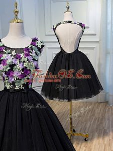 Delicate Black A-line Tulle Scoop Sleeveless Hand Made Flower Mini Length Backless Evening Dress