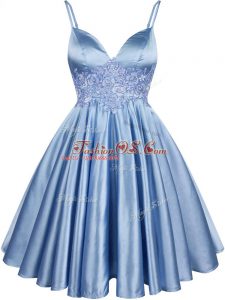 Pretty Light Blue Lace Up Spaghetti Straps Lace Bridesmaid Dress Elastic Woven Satin Sleeveless