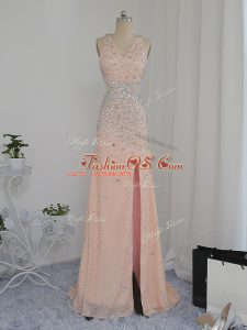Glamorous Peach Column/Sheath Beading Prom Dresses Backless Chiffon Sleeveless Floor Length