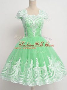 Sexy Square Cap Sleeves Bridesmaid Dresses Knee Length Lace Apple Green Tulle