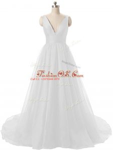Pretty White Prom Party Dress Prom and Party and Military Ball with Ruching V-neck Sleeveless Brush Train Backless